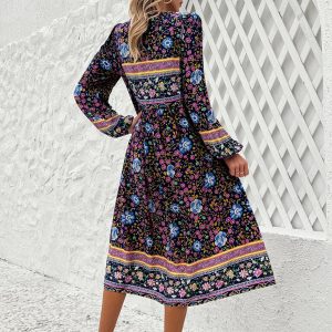 Bohemian Long Sleeve Dress for Women - Casual Resort Style with Vibrant Prints