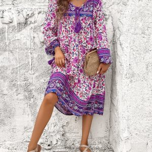 Bohemian Long Sleeve Dress for Women - Casual Resort Style with Vibrant Prints