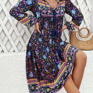 Bohemian Long Sleeve Dress for Women - Casual Resort Style with Vibrant Prints