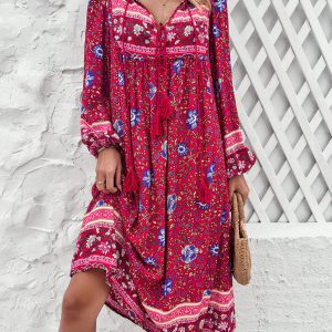 Bohemian Long Sleeve Dress for Women - Casual Resort Style with Vibrant Prints