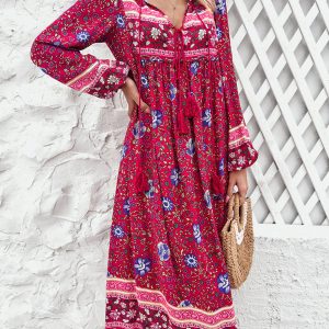 Bohemian Long Sleeve Dress for Women - Casual Resort Style with Vibrant Prints