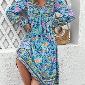 Bohemian Long Sleeve Dress for Women - Casual Resort Style with Vibrant Prints