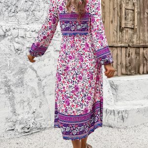 Bohemian Long Sleeve Dress for Women - Casual Resort Style with Vibrant Prints