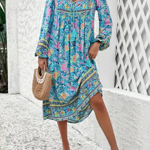 Bohemian Long Sleeve Dress for Women - Casual Resort Style with Vibrant Prints