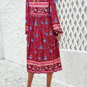 Bohemian Long Sleeve Dress for Women - Casual Resort Style with Vibrant Prints