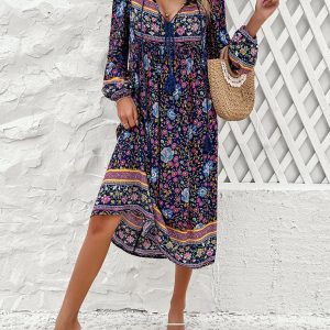 Bohemian Long Sleeve Dress for Women - Casual Resort Style with Vibrant Prints