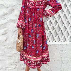 Bohemian Long Sleeve Dress for Women - Casual Resort Style with Vibrant Prints