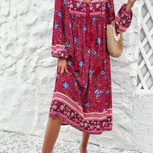 Bohemian Long Sleeve Dress for Women - Casual Resort Style with Vibrant Prints