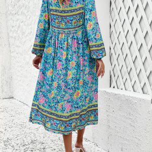 Bohemian Long Sleeve Dress for Women - Casual Resort Style with Vibrant Prints