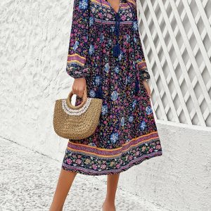 Bohemian Long Sleeve Dress for Women - Casual Resort Style with Vibrant Prints