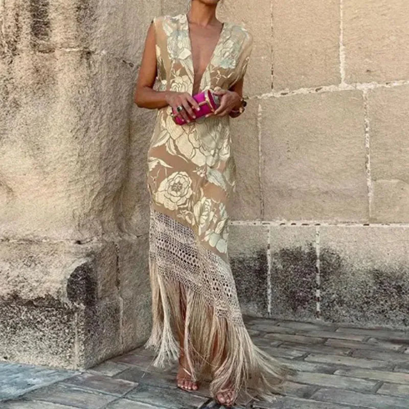 Bohemian Maxi Dress with Gold Flower Print and Tassels - Deep V Neck Irregular Sleeveless Summer Dress