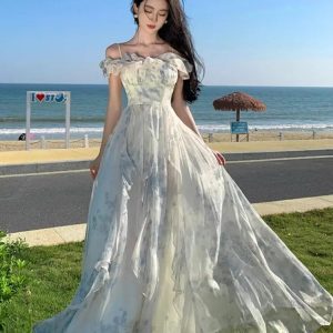 Bohemian Print Ruffle A-Line Dress for Summer Beach Holidays - Elegant Korean Style Robe