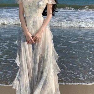 Bohemian Print Ruffle A-Line Dress for Summer Beach Holidays - Elegant Korean Style Robe