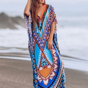 Bohemian Printed Summer Dress - Blue V-Neck Kaftan with Batwing Sleeves for Beach Wear