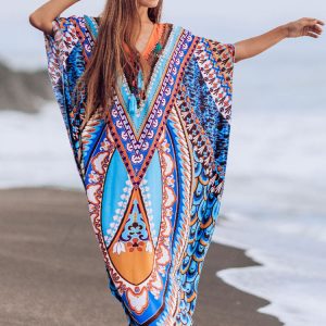 Bohemian Printed Summer Dress - Blue V-Neck Kaftan with Batwing Sleeves for Beach Wear