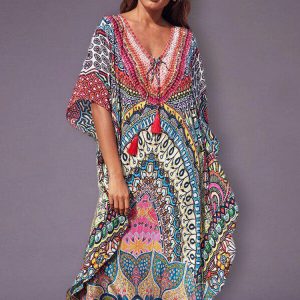 Bohemian Printed Tassel Midi Dress - Quick-Drying Summer Beachwear for Women Plus Size