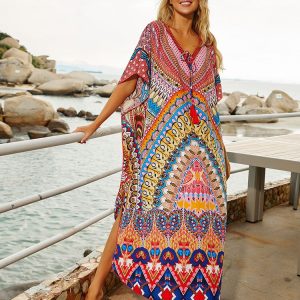 Bohemian Printed Tassel Midi Dress - Quick-Drying Summer Beachwear for Women Plus Size