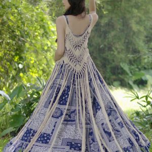 Bohemian Seaside Vacation Sling Dress - Y2K Aesthetic Blue Apricot Summer Dress for Women