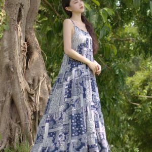 Bohemian Seaside Vacation Sling Dress - Y2K Aesthetic Blue Apricot Summer Dress for Women