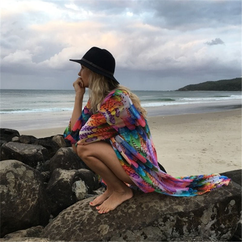 Bohemian Tropical Printed Kimono Dress - Multicolored Ankle Length Beachwear for Women