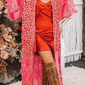 Bohemian Tropical Printed Reddish Orange Kimono Dress - Chic Beach Wear & Swim Cover-Up