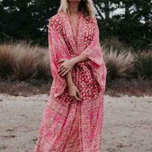 Bohemian Tropical Printed Reddish Orange Kimono Dress - Chic Beach Wear & Swim Cover-Up