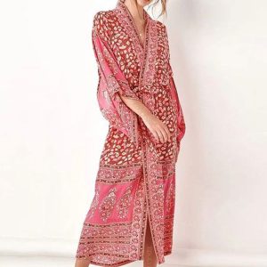 Bohemian Tropical Printed Reddish Orange Kimono Dress - Chic Beach Wear & Swim Cover-Up