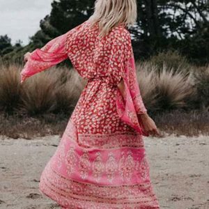 Bohemian Tropical Printed Reddish Orange Kimono Dress - Chic Beach Wear & Swim Cover-Up