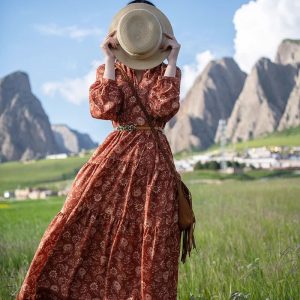 Bohemian V-Neck Chiffon Dress with Tassels - Red Printed Long Sleeve for Y2K Aesthetic