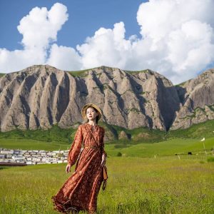 Bohemian V-Neck Chiffon Dress with Tassels - Red Printed Long Sleeve for Y2K Aesthetic