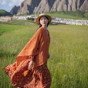 Bohemian V-Neck Chiffon Dress with Tassels - Red Printed Long Sleeve for Y2K Aesthetic