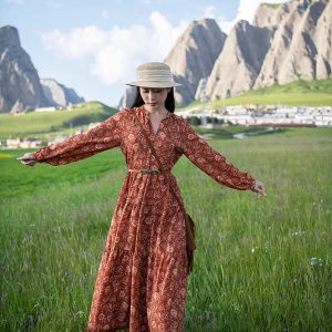 Bohemian V-Neck Chiffon Dress with Tassels - Red Printed Long Sleeve for Y2K Aesthetic