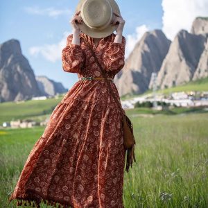 Bohemian V-Neck Chiffon Dress with Tassels - Red Printed Long Sleeve for Y2K Aesthetic