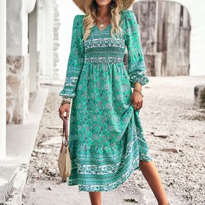 Bohemian V-Neck Dress for Women - Casual Resort Style with Y2K Aesthetic Charm