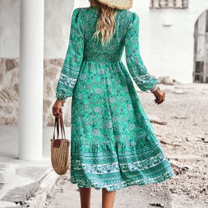 Bohemian V-Neck Dress for Women - Casual Resort Style with Y2K Aesthetic Charm