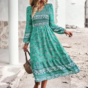 Bohemian V-Neck Dress for Women - Casual Resort Style with Y2K Aesthetic Charm