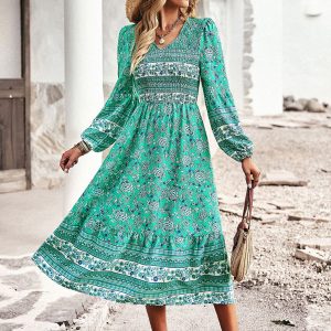 Bohemian V-Neck Dress for Women - Casual Resort Style with Y2K Aesthetic Charm