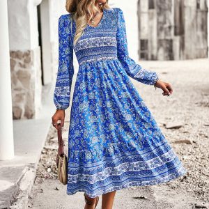 Bohemian V-Neck Dress for Women - Casual Resort Style with Y2K Aesthetic Charm