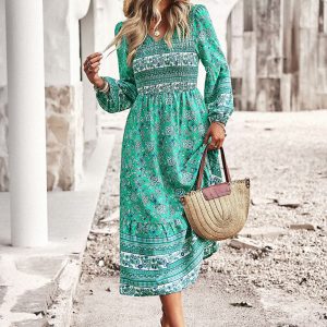 Bohemian V-Neck Dress for Women - Casual Resort Style with Y2K Aesthetic Charm