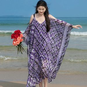 Bohemian V-Neck Summer Dress for Women - Flowy Loose Sleeve Beach Skirt with Wide Hem