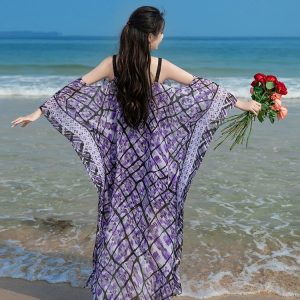 Bohemian V-Neck Summer Dress for Women - Flowy Loose Sleeve Beach Skirt with Wide Hem