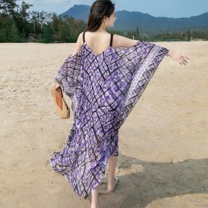 Bohemian V-Neck Summer Dress for Women - Flowy Loose Sleeve Beach Skirt with Wide Hem