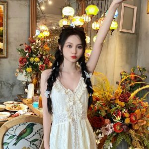 Bohemian Vintage Lace Slip Dress - Y2K Aesthetic Travel Dress for Effortless Style