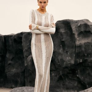 Boho Chic Jacquard Striped Crochet Maxi Dress for Effortless Y2K Aesthetic Style