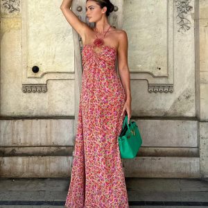 Boho Floral Print Halter Dress with Rosette Details for Effortless Aesthetic Style