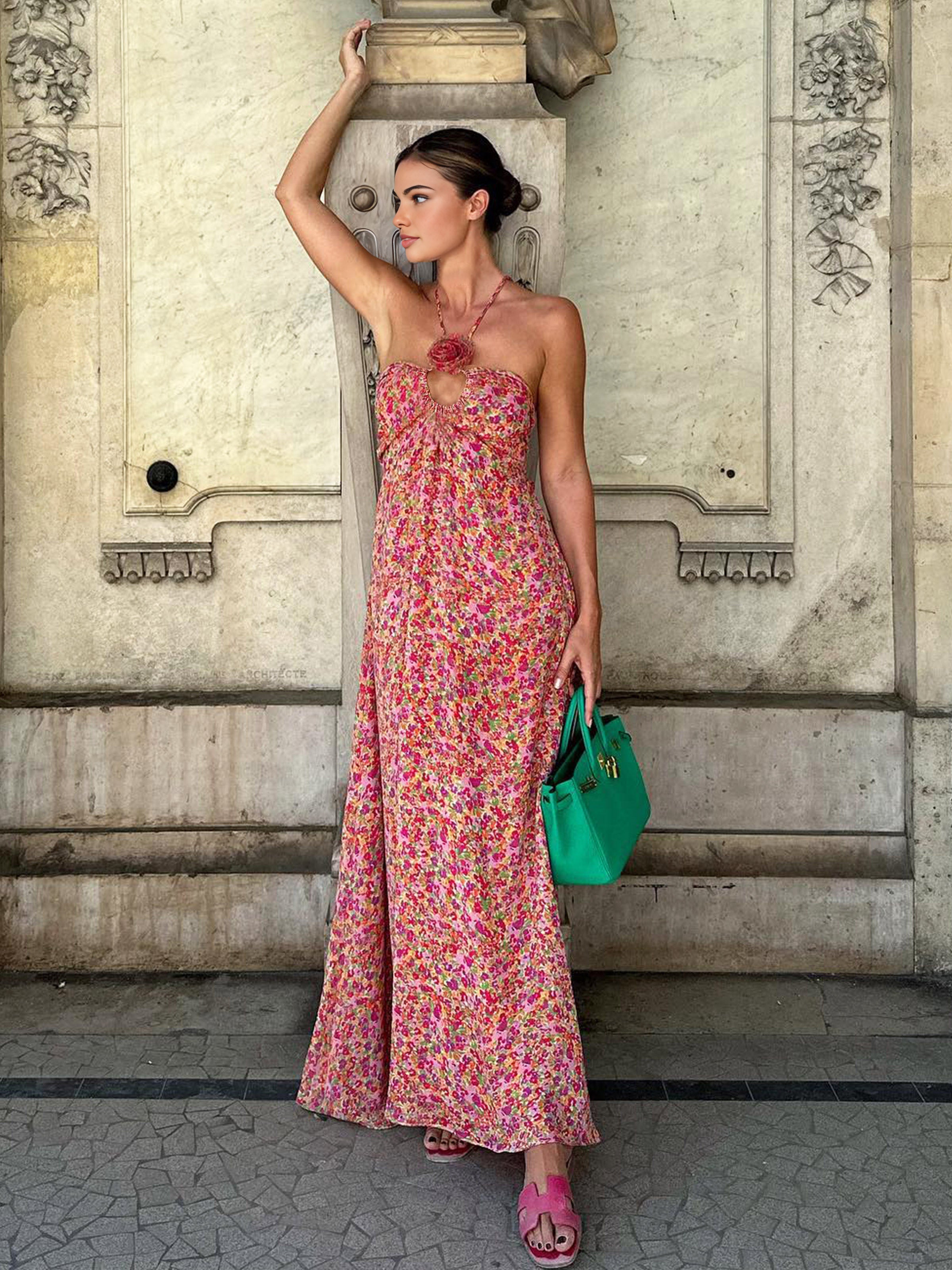 Boho Floral Print Halter Dress with Rosette Details for Effortless Aesthetic Style