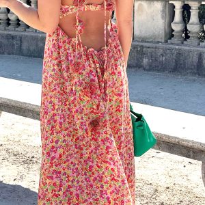 Boho Floral Print Halter Dress with Rosette Details for Effortless Aesthetic Style