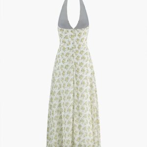 Boho Floral Print Halter Midi Dress for Effortless Summer Aesthetic Style