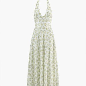 Boho Floral Print Halter Midi Dress for Effortless Summer Aesthetic Style