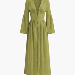 Boho Lantern Sleeve Button-Front Long Split Dress for Effortless Y2K Aesthetic Style